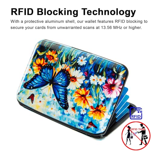 Image of Credit Card Holder Small RFID Blocking Wallet Business Metal Slim Mini Aluminum Hard Case for Women Men, Blue Butterfly Daisies, small
