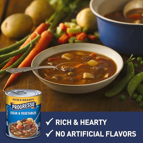 Image of Progresso Rich & Hearty, Steak & Vegetables Canned Soup, Gluten Free, 18.8 oz. | Diced steak, potatoes, carrots & tomatoes in beef broth, 100 calories per serving, No artificial flavors