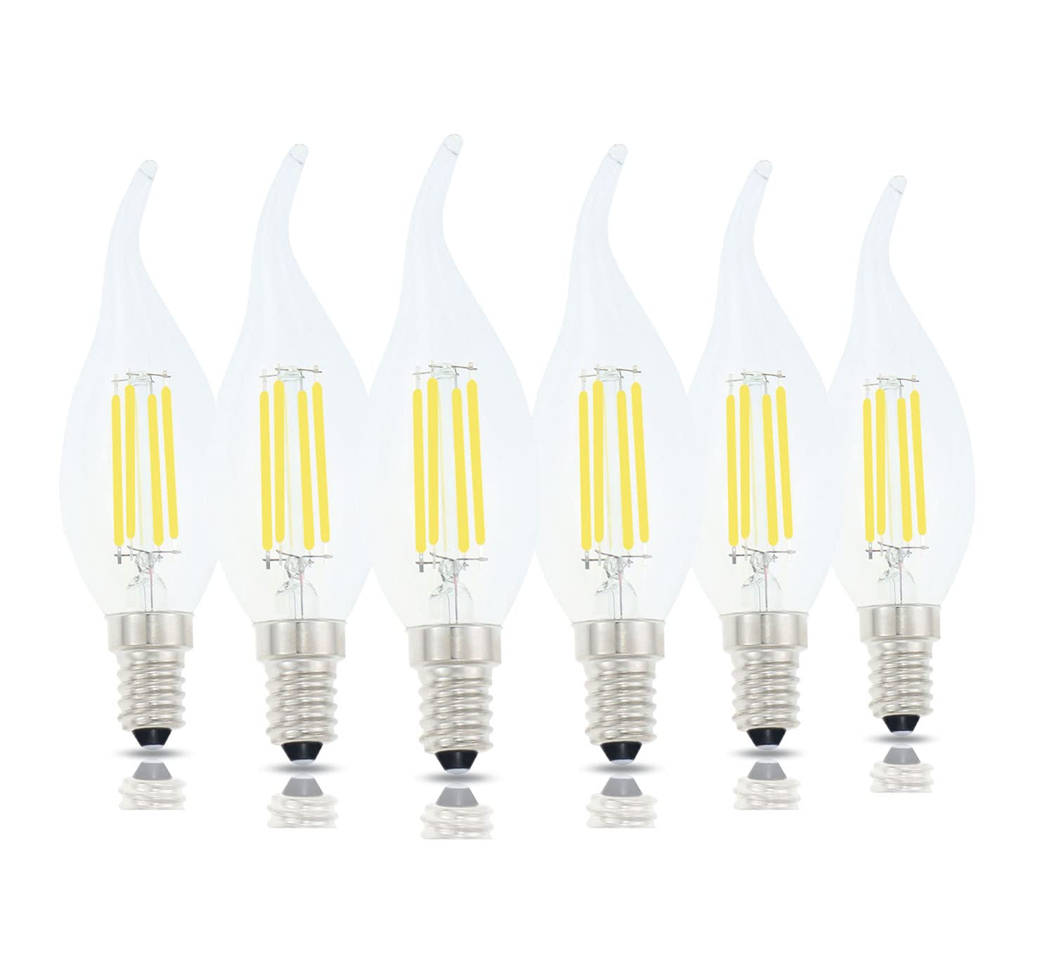 E14 LED Bulb European Base 4W LED Chandelier Light Bulbs Dimmable 40W Equivalent,Flame Tip Candelabra LED Bulbs,110V 6000K Daylight White,6 Pack