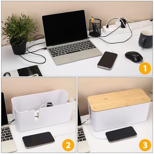 Image of ZhiYo 2 Pack Cable Management Box, Large & XL, Power Strip Organizer, White | Extra-Tall Design for Oversized Adapters, Fits Power Strips Up to 13.4 inch Long, Natural Bamboo Lid, Ideal for Desks, TV Areas