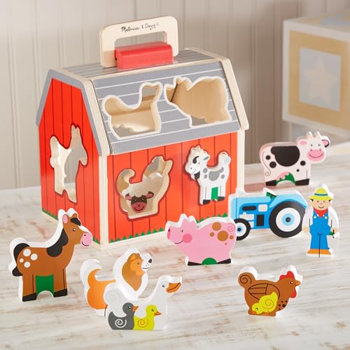 melissa amp doug take-along wooden toy barn 11-pc portable toddler playset with farm animals amp pop-up roof preschool learning toys for girls amp boys 2
