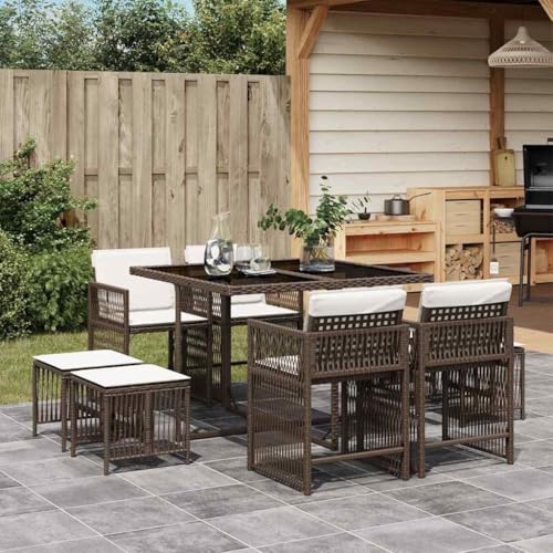 Vetnasa Set Comedor para jardín 9 pzas y Cojines ratán sintético marrón Mobiliario, Muebles de jardín, Conjuntos de jardín Marrón 63,1 KG