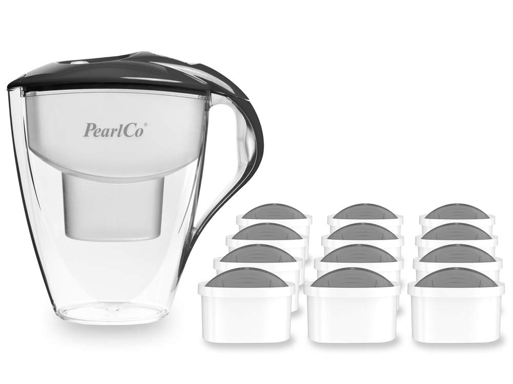 PearlCo Filtr do wody Astra (antracyt) – z 12 wkładami filtrującymi Unimax (do twardej wody) – pasuje do Brita Maxtra