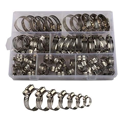 Hose Clamp/Pipe clamp Set, 60PCS 7 Sizes Hose Clamps Made of Stainless Steel, 8-38mm Hose Clamps Temperature Resistance Hose Clips for Family Water Pipe/Tubing etc Cover