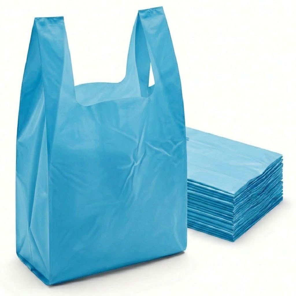 Tezraftaar® 100 x Vest Carrier Bags 12" x 18" x 22" Blue Heavy Duty Carry Bags for Groceries Vegetables Fruits Storage Supermarket Stalls Takeaway