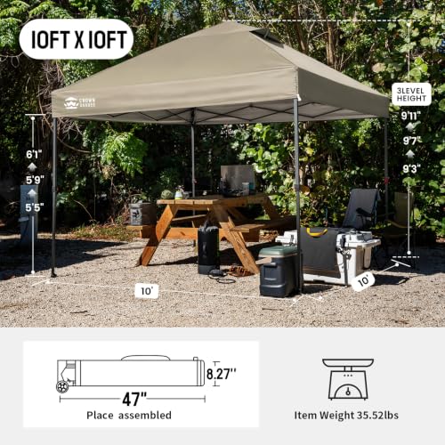 Image of CROWN SHADES 10x10 Pop Up Canopy Tent - Patented Center Lock One Push Instant Outdoor Canopy Beach Tent with STO-N-Go Bag 8 Stakes & 4 Sand Bags,Khaki