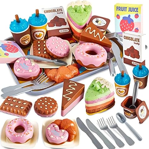 LINFUN KIDS Dessert Toy Set Cutting Cake with Tableware,Take Apart Food Snacks Cookies Toys Afternoon Tea Role Play Toys Educationalal Gift for 3+ Kids Boys Girls Cover