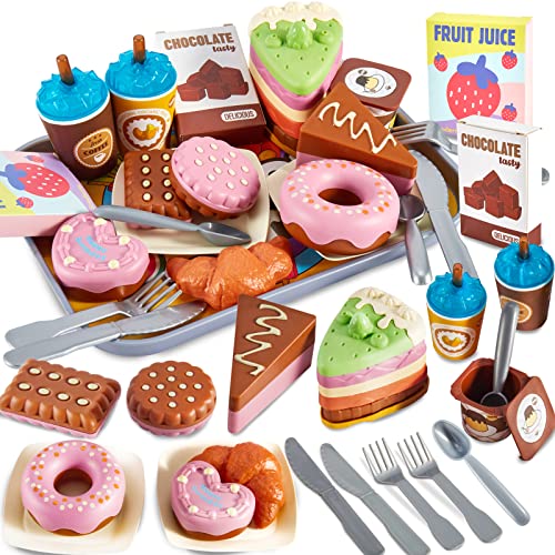 LINFUN KIDS Dinette Enfant avec Dessert Jouet Gâteau Plateau, Jouet Aliment Cuisine Accessoires, Jeux D'imitation Cadeau pour Garçons Filles 3 4 5 Ans