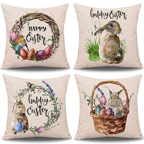 Whaline 4 Stück Ostern Kissenbezug Kaninchen Hasen mit Eiern Kissenbezug, Frühling hochwertige Leinen Schlafsofa Kissenhülle Dekoration für Wohnzimmer Sofa Büro Auto Dekor (45 x 45 cm)