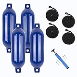 VINGLI 4-Pack Ribbed Boat Fender, 8.5 x 27 inch, with Ropes & Inflator, for 20-30 ft. Boat, Small Sailboat, Ski Boat etc.… (Cobalt Blue, 8.5 x 27 in.)