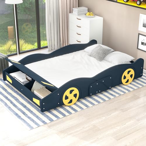 SOFTSEA Full Size Race Car Shape Bed Frame with Storage for Boys, Cool Car Platform Bed with Wheels, No Box Spring Needed, Blue & Yellow