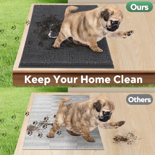 Dog Door Mat for Muddy Paws, Pet Rug Chenille Absorbent Outdoor Doormat 48"x 30", Non Slip Heavy Indoor Doormat Soft Front Inside Doormats for Entryway, Mud Paws, Patio,Dog Paw Dark Grey