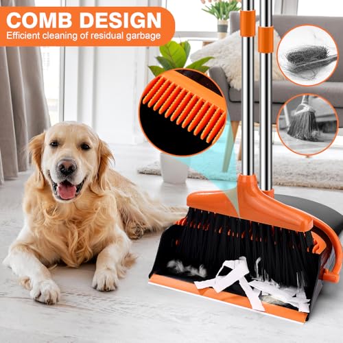 Tatxmalv Besen und Kehrschaufel Set Hohe Qualität, Aufrechter Langstielkehrgarnitur, Kehrschaufel mit KammdesignKamm, Kehrset um das Parquet, Keramikfliesen, Betonboden Leicht zu Reinigen (Orange) – Bild 5