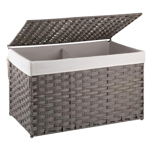 OIAHOMY Laundry Hamper with Lid, 105L Clothes Hamper with Removable Liner Bags, Wicker Laundry Basket, Rattan-Style Storage Trunk for Bedroom Closet Laundry Room, Grey