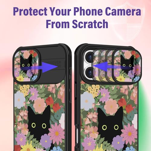 Image of Funermei for iPhone 16 Pro Case - Women Girls Cute Phone Cover Girly Pretty Aesthetic Black Cat Floral Flower Unique Design with Camera Cover Funda for Apple for iPhone 16 Pro