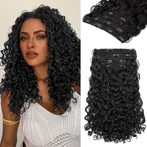 REECHO Curly Hair Extensions - 4PCS 14" GoGo Curly Clip in Hair Extensions 100% Super Protein Hairpieces with Invisible Lace Weft Silky Soft Natural Look for Women - Jet Black