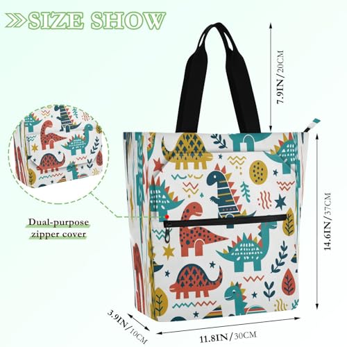 Dinosaur Book Tote Bag,Large Capacity Handbag with Zipper Perfect for School,Travel,Shopping2