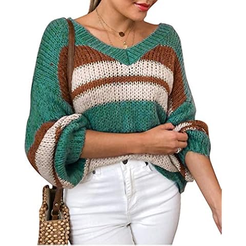 BerryGo Women's V Neck Striped Sweater Long Sleeve Chunky Pullover Sweater - Green - 12-14 Cover