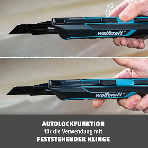 wolfcraft Cuttermesser PRO SAFETY, 25 mm - mit optimale Ergonomie für Links- und Rechtshänder - Extrascharfes Profimesser - Abbrechklingenmesser 4291000
