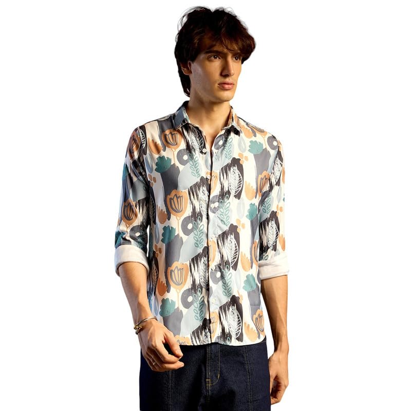 Image of CAHOOT Men's Foliage Strokes Shirt for Casual Wear | Spread Collar | Long Sleeve | Button Closure | Shirt Crafted with Comfort Fit for Everyday Wear