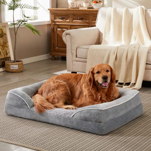 TJSOULER Orthopaedic Dog Bed with High Edge Support Foam Dog Sofa for Washable Waterproof XL-Large Removable Dog Cushion for Indoor with Grey 42x30in XL