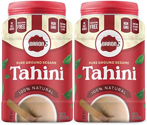 Baron's Pure Tahini Sesame Paste | Rich Creamy Taste for Hummus, Dips & Baba Ghanoush | Kosher, All-Natural, Keto-Friendly Ground Seeds | Vegan, Non-GMO, Gluten- & Peanut-Free | 2 Jars of 16 Oz.