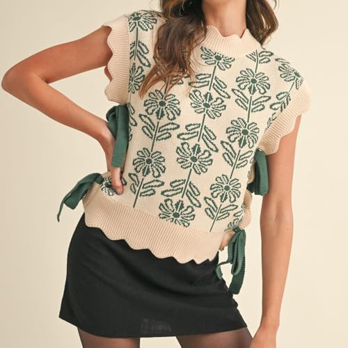 Image of Women Side Tie Sweater Vest Scallop Trim Mock Neck Knit Vest Bow Lace Up Ribbon Sweater Tank Top Knitwear