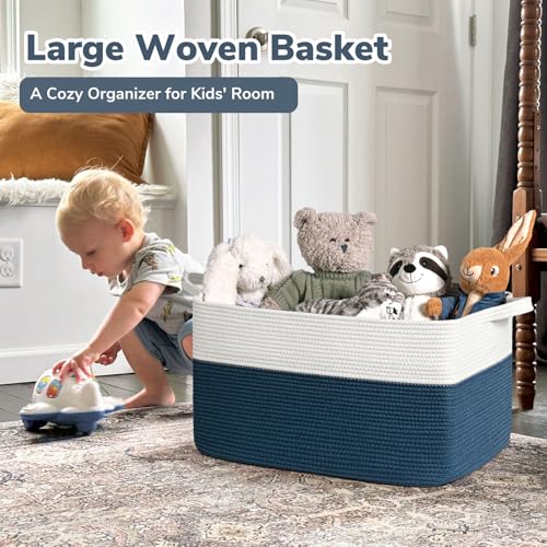 Goodpick Large Storage Baskets for Organizing, Woven Baskets for Storage, Blanket Basket Living Room, Rectangle Dirty Clothes Basket for Laundry, 21.6" x 14.9" x 11.8", Blue
