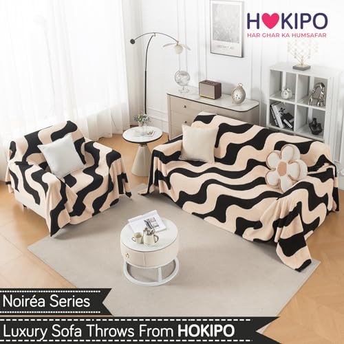 Image of HOKIPO Soft Plush Sofa Throw Cover for 1 Seater Sofa - Luxury All-Season Sofa Cover, 'Noirea Series' Wavy Stripe (180x180 cm) (AR-6651-D3)