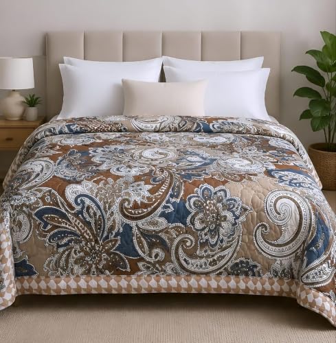 Image of Dohar Single | Double Bed Polycotton Blankets for Summer 90x100inch, 150GSM Ac Comforter and Cooling for Summer Classic Printed Design Quilt Ideal for Gifting (Brown Multicolor, Double)