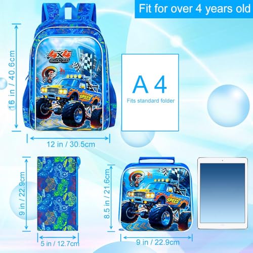 Image of 3Pcs Truck Backpack for Boys, School Bookbag with Lunch Box, 16 inch Kids Backpacks for Elementary Preschool Kindergarten (Blue)