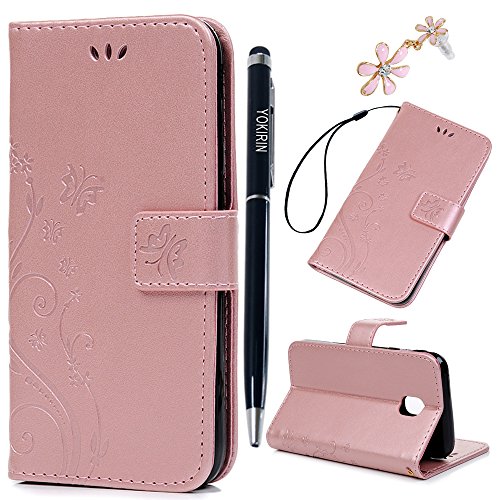 YOKIRIN J3 Pro Lederhülle Wallet Case für Samsung Galaxy J3 2017 PU Handyhülle Flipcase Ständer Case Schale Bookstyle Schutzhülle Tasche Magnetverschluß Karteneinschub Handschlaufe Schmetterling Rosa