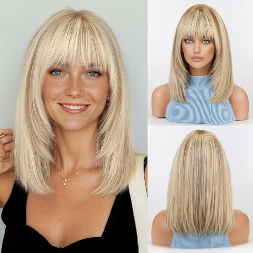 Image of RSY 14 Inch Ombre Blonde Mixed Light Brown Straight and Layered Real Human Hair Wigs for Women with Bangs