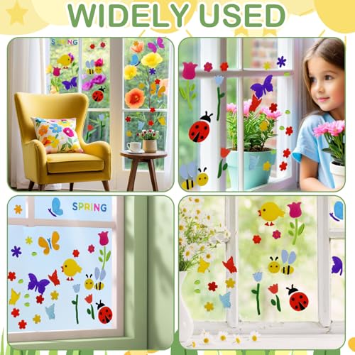 4 Stück Frühlings-Gel-Fensteraufkleber, Frühling Deko, elastische Frühlings-Gel-Fensteraufkleber, Feiertags-Gelee-Aufkleber, Vögel, Schmetterlinge, Fensterbilder Frühling-Fensteraufkleber, Dekore
