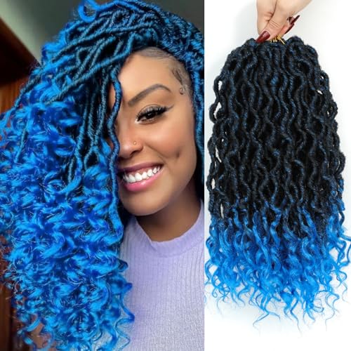 Cohariss Goddess Locs Crochet Hair 14 Inch 6 Packs Ombre Blue Faux Locs Crochet Hair for Black Women Pre Looped Short Locs Crochet Hair with Curly Ends(1B/Blue, 14 Inch, 6 Packs)