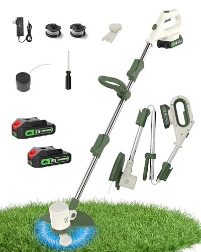 Cordless String Trimmer Battery Powered, 21V 2-in-1 Weed Wacker and Edger with 8" Cutting Width, 2 x 2.0Ah Batteries and Charger Included, Electric Lawn Tool Grass Cutter