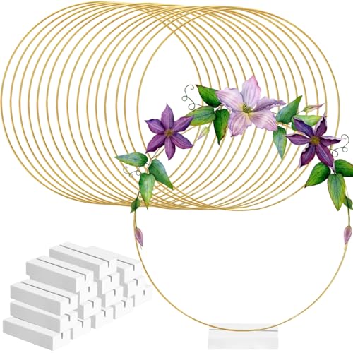 ToppYuanZea 15 Pack Metal Floral Hoop Table Centerpiece with Stand 12 Inch Wreath Ring Stand for Crafts Dream Catcher Wreath Macrame Gold Hoop Rings for Balloon DIY Wedding Decor