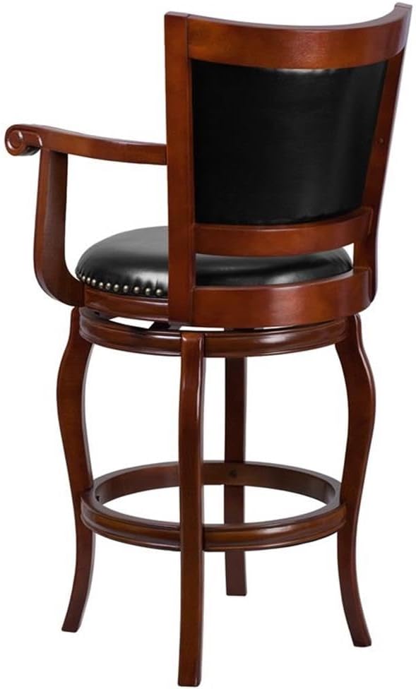 Flash Furniture Vestina 30" LeatherSoft Barstool with Footrest and Arms, Classic Ladder Back Upholstered Bar Height Stool, Cherry Wood/Black