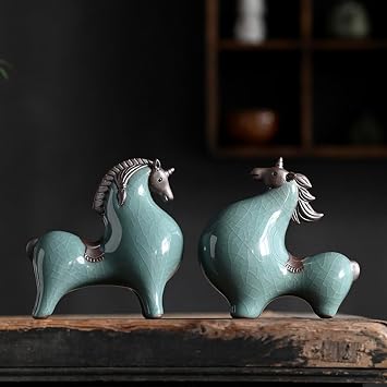 Kingzhuo 1 Pair Glaze Porcelain Horse Ceramic Fat Horse Statue Figurine Collectible Chinese Tang Horse Cute Fat Horse Bookshelf Table Home Office Decor Perfect Unique Gifts for Men Women Set of 2