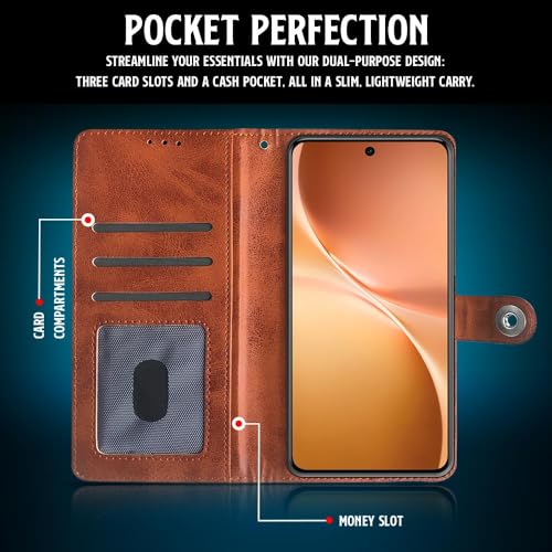 Image of WOW IMAGINE Shock Proof Flip Cover Back Case for Vivo V60 5G | V60e 5G | Vivo T4 Pro 5G (Designer Magnetic Button Flip Case | Inbuilt Wallet Pockets & Stand | Leather Finish | Alder Brown)