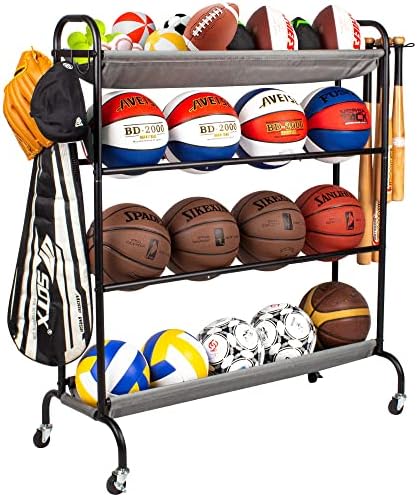Sttoraboks Basketball Rack, Garage Ball Storage Stand 4-Layer Ball Rack Rolling Balls Organizer with Baseball Bat Holder & Hooks Sport Equipment Storage Cart with Wheels for Football Volleyball Soccer