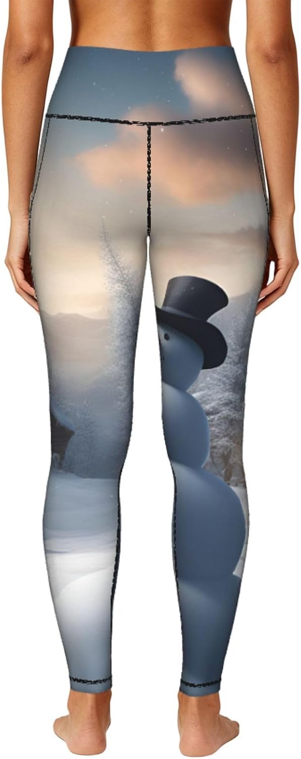 Christmas Snowman Print Leggings with Pockets,High Waist Tummy Control Pants, Workout Sets for Women