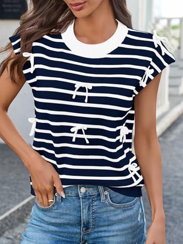 Saodimallsu Womens Striped Bow Top Cap Sleeve Summer Cute Crewneck Going Out Lightweight Knit Sweater Vest Tops2