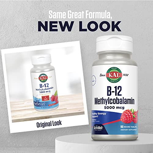 Kal Vitamin B12 Methylcobalamin 5000Mcg, Healthy Energy, Metabolism, Nerve & Red Blood Cell Support,* Fast Dissolve Activmelts, Optimal Absorption, Natural Raspberry Flavor, 90 Servings, 90 Micro Tabs #TOP1