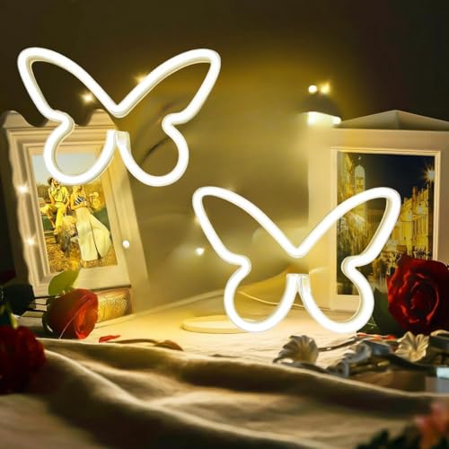 Image of 2 Pcs Butterfly Neon Signs,USB or 3-AA Battery Powered Neon Light or Party, Birthday, Wedding, Bedroom Wall Bar, Bedroom, Indoor
