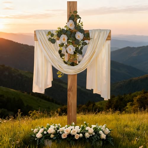 71 Inch Wedding Decorations Wedding Wood Cross and White Ribbons Eucalyptus Garlands Large Standing Cross Decoration Christian Religious Marriage Gifts for Ceremony and Reception Indoor Outdoor Decor