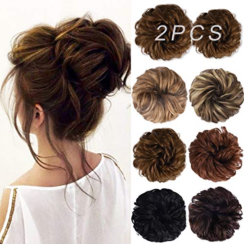 Messy Bun Hair Piece, HOOJIH 2PCS Tousled Updo Hair Extensions Hair Bun Curly Wavy Ponytail Hairpieces Hair Scrunchies with Elastic Rubber Band for Women Girls Color Light Warm Brown 68/30