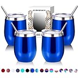 Zonegrace 4 pack 12 oz Stainless Steel Stemless Wine Glass/Mug,Double Wall Vacuum Insulated thermal Royal Blue Wine Tumbler with Lids Set of 4 for Coffee, Wine, Cocktails, Ice Cream Including 4 Straws