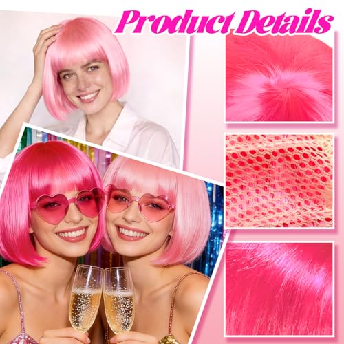 Image of DAJOOEE 2 Pack Party Wigs Wig Cap and Sunglass Set,Short Bob Hair Wigs Straight with Flat Bangs Synthetic Colorful Cosplay Daily Party Neon Wig for Women (Pink Mix)