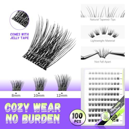 Image of MAYCREATE Self Adhesive Eyelashes Clusters, 100Pcs Pre-Glue Lash 8 10 12mm Reusable Individual Lashes Extensions Clusters Natural Look for Quick Application and Comfortable Wear All-Day